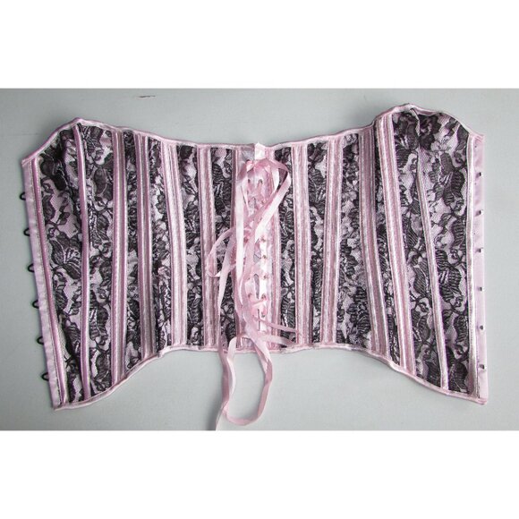 Pink Black Lace Steel Boned Corset Set - NEW - Picture 8 of 12